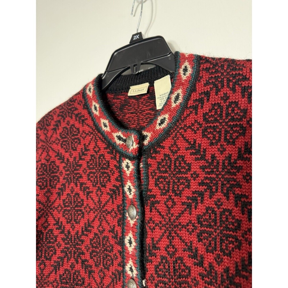 Vintage LL Bean Womens Red black Cardigan Sweater Fair Isle Nordic - Medium